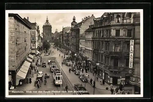 AK Mannheim, Blick von dem Neuen Planken nach dem Wasserturm mit Strassenbahn
