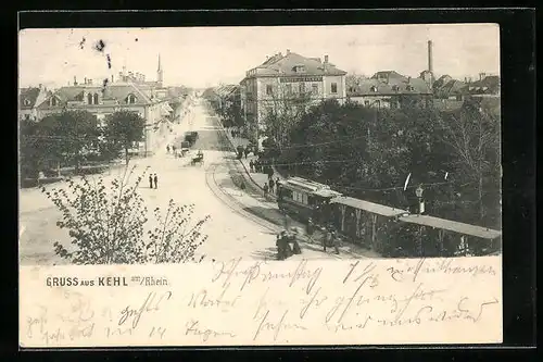 AK Kehl am Rhein, Strassenpartie aus der Vogelschau mit Strassenbahn