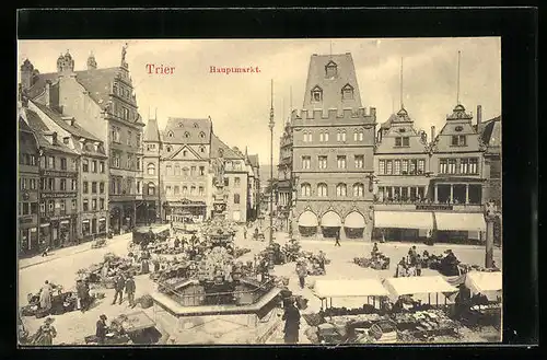 AK Trier, Hauptmarkt mit Springbrunnen und Strassenbahn