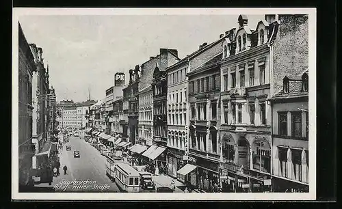 AK Saarbrücken, Strasse mit Strassenbahn