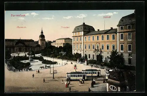 AK Darmstadt, Museum, Schloss und Theater mit Strassenbahn