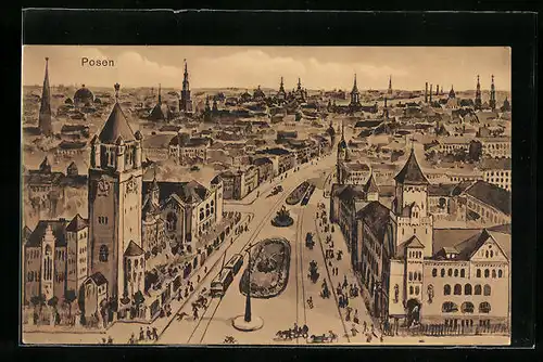 Künstler-AK Posen, der Ort aus der Vogelschau, Strassenbahn