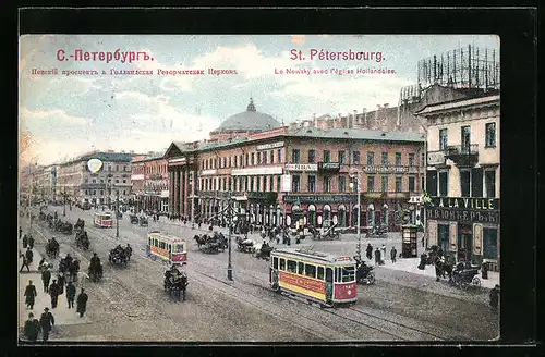 AK St. Petersburg, Le Newsky avec l`eglise Hollandaise, Strassenbahn