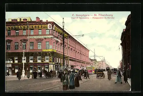 AK St. Petersbourg, Perspective de Nevsky, Strassenbahn
