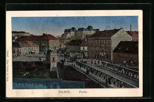 AK Pilsen, Partie am Fluss mit Strassenbahn