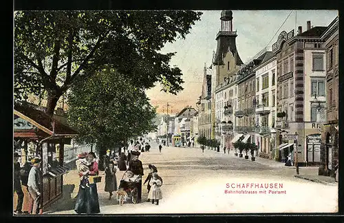 AK Schaffhausen, Bahnhofstrasse mit Postamt und Strassenbahn