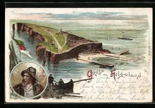 Lithographie Helgoland, Blick auf die Insel mit Fischerboot