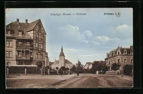 AK Grimma i. Sa., Leipziger Strasse mit Postamt