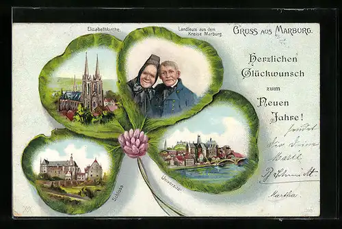 Passepartout-Lithographie Marburg, Elisabethkirche und Landleute aus dem Kreise Marburg