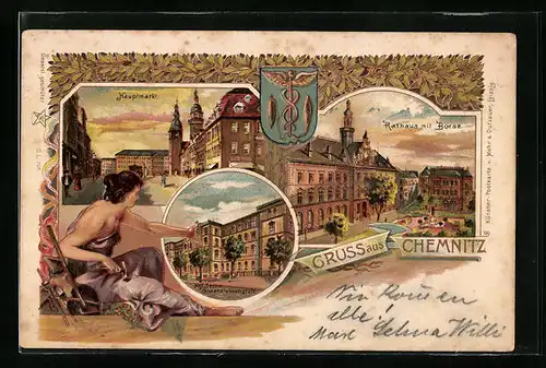 Lithographie Chemnitz, Rathaus mit Börse und Hauptmarkt, Jugendstil-Optik
