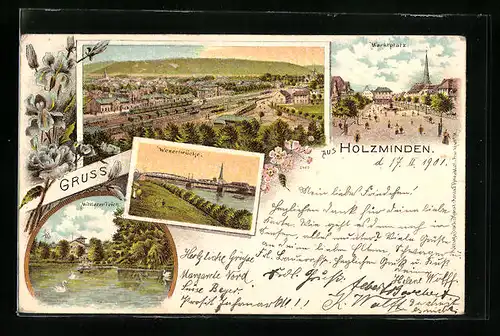 Lithographie Holzminden, Weserbrücke, Mittlerer Teich undMarktplatz
