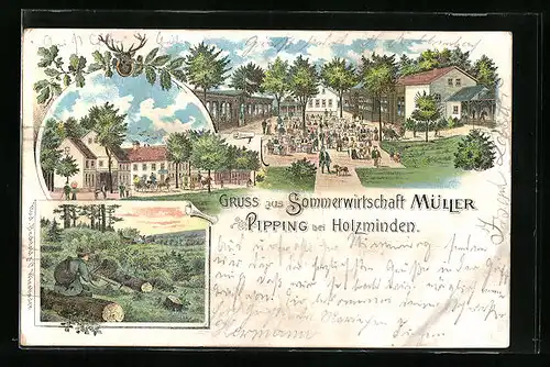 Lithographie Pipping bei Holzminden, Sommerwirtschaft Müller