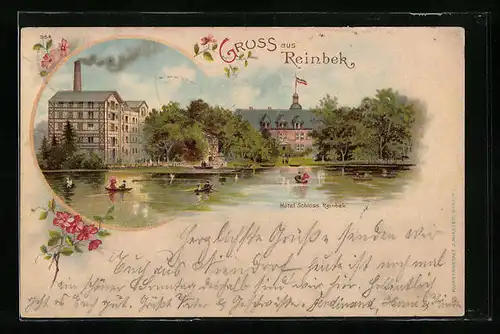 Lithographie Reinbek, Hotel Schloss Reinbek und Ruderer auf dem See