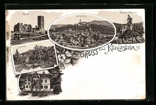 Lithographie Königstein, Krieger-Denkmal, Ruine und Hainbad