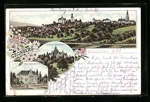 Lithographie Cronberg, Schloss-Friedrichshof und Hotel Kaiser Friedrich