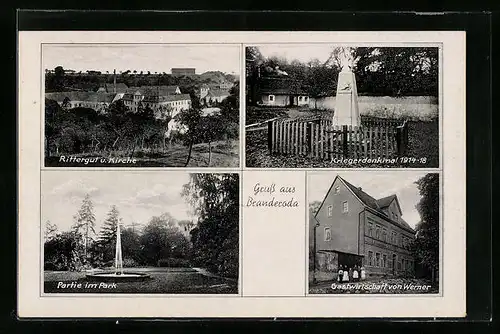 AK Branderoda, Rittergut und Kirche, Kriegerdenkmal