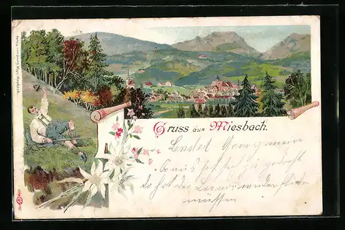 Lithographie Miesbach, deer Ort aus der Vogelschau