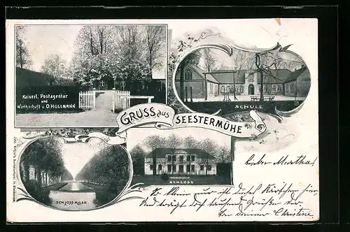 AK Seestermühe, Kaiserl. Postagentur und Gasthaus v. O. Hüllmann, Schloss-Allee, Schule