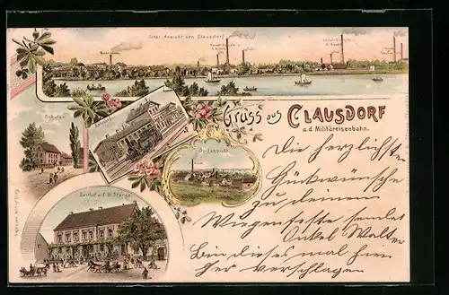 Lithographie Clausdorf, Gasthof v. F. W. Stange, Bahnhof, Totalansicht, Schulen