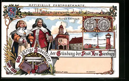 Lithographie Neu-Isenburg, Elektricitäts- und Wasser-Werk, Altes Rathaus, 200 jährige Jubelfeier