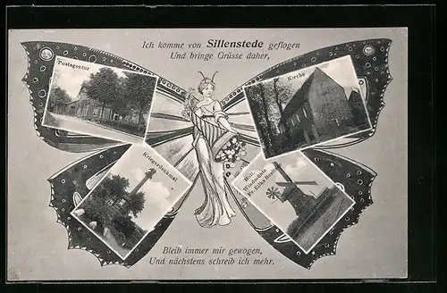 AK Sillenstede, Schmetterling-Ak, Postagentur, Kriegerdenkmal, Kirche