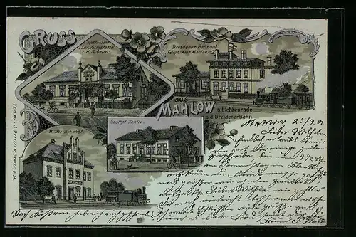 Mondschein-Lithographie Mahlow, Restaurant Zur Heimstätte, Dresdener Bahnhof, Militär-Bahnhof, Gasthof-Kanitz