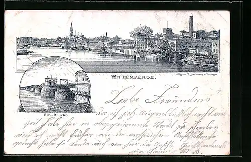 Lithographie Wittenberge, Teilansicht, Elb-Brücke