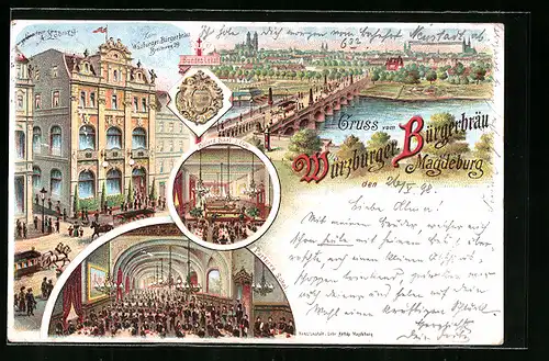 Lithographie Magdeburg, Restaurant Bundes-Lokal Zum Würzburger-Bürgerbräu, Breiteweg 29, Teilansicht