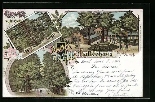 Lithographie Varel, Gasthaus Kaffeehaus im Sommer, Am Rondeel, Grosse Allee, Spaziergänger