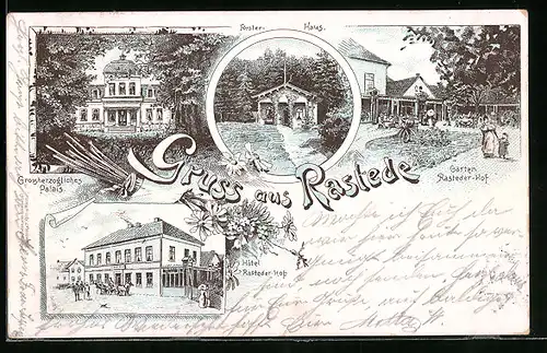 Lithographie Rastede, Hôtel Rasteder-Hof, Garten, Förster-Haus, Grossherzogliches Palais