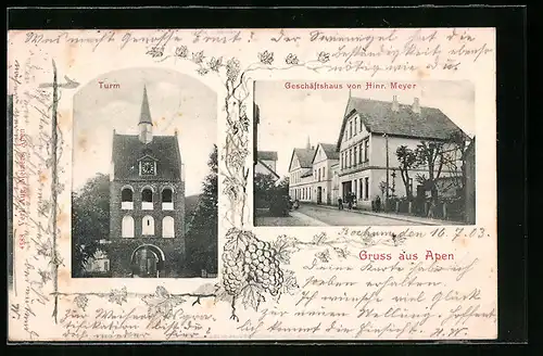 AK Apen, Turm, Geschäftshaus von Hinr. Meyer