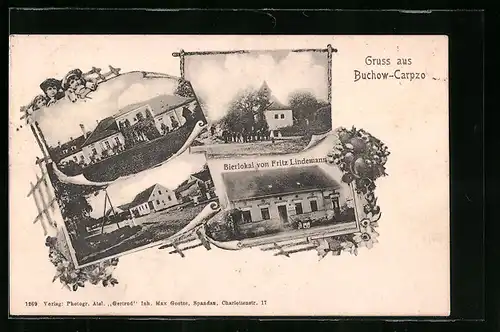 AK Buchow, Gasthaus Bierlokal von Fritz Lindemann, Strassenpartie, Ortsansicht