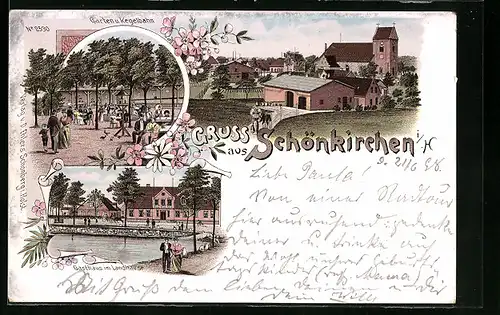 Lithographie Schönkirchen i. H., Gasthaus im Landhause, Garten und Kegelbahn, Teilansicht