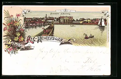 Lithographie Alt-Heikendorf, Blick nach dem Strandhotel H. Hartwig, Seesteg