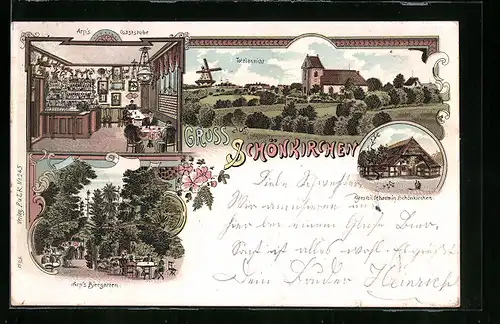 Lithographie Schönkirchen, Gasthaus Arn`s Biergarten und Gaststube, Altes Gildehaus, Totalansicht