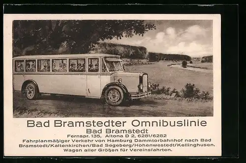 Künstler-AK Bad Bramstedt, Omnimusline von Hamburg Dammtorbahnhof nach Bad Bramstedt..., Ortspartie mit Omnibus