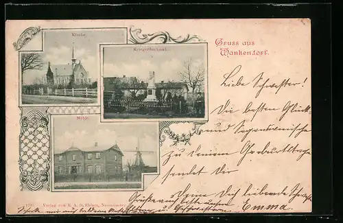 AK Wankendorf, Kirche, Mühle, Kriegerdenkmal