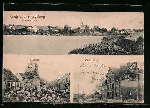 AK Sperenberg a. d. Militärbahn, Uferpartie mit Kirche, Militärbahnhof, Denkmal