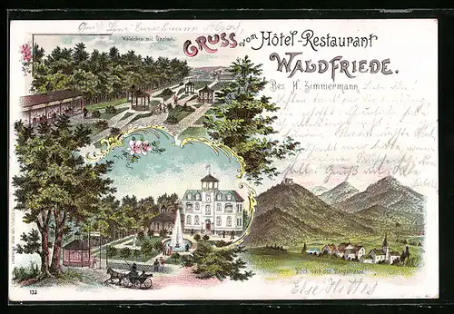 Lithographie Eberstadt-Darmstadt, Hotel-Restaurant Waldfriede, Wäldchen mit Garten, Blick nach der Bergstrasse