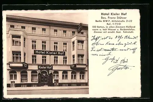 AK Berlin, Hotel Kieler Hof, Mittelstrasse 21-22