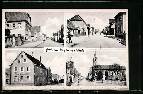 AK Berghausen /Pfalz, Gasthaus zum Schwanen, Kirche, Strassenpartie mit Gebäudeansicht