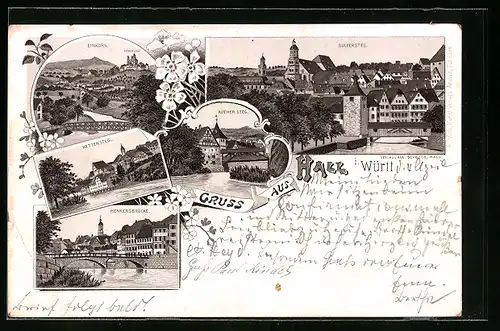 Lithographie Hall i. Württ., Sulfersteg, Kettensteg, Henkersbrücke