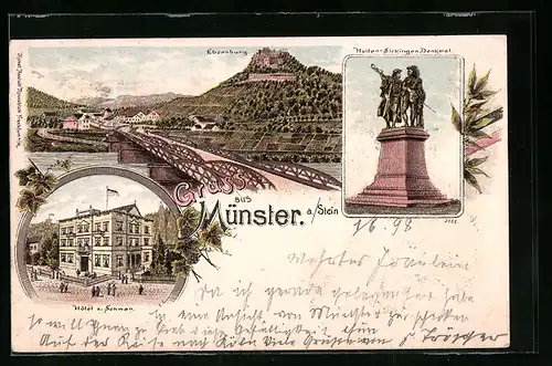 Lithographie Münster a. Stein, Hotel zum Schwan, Ebernburg u. Brücke, Hutten-Sickingen-Denkmal