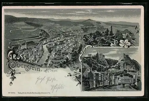 Mondschein-Lithographie Oberstein, Neues Schloss und Felsenkirche, Teilansicht