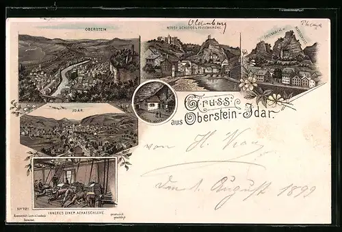 Lithographie Oberstein-Idar, Neues Schloss und Felsenkirche, Inneres eine Achatschleife, Idar