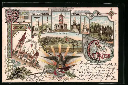 Lithographie Saarbrücken-St. Johann, Zur 25 jährigen Gedenk-Feier 1870-1895, Hauptportal des Festplatzes, Ehrenthal
