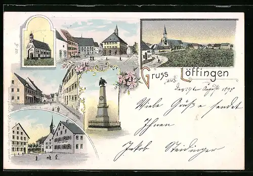 Lithographie Löffingen, Kirche, Denkmal, Ortspartie