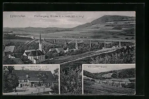 AK Epfenhofen, Ortsansicht mit Talübergang, Wirtschaft zur Linde, Bisenbacher Brücke