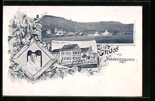 Lithographie Niedereggenen, Ortsansicht mit Gasthaus zum Schwanen