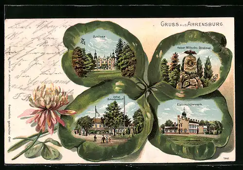 Passepartout-Lithographie Ahrensburg, Schloss, Kaiser Wilhelm-Denkmal, Hotel Schadendorff, Elektrizitätswerk